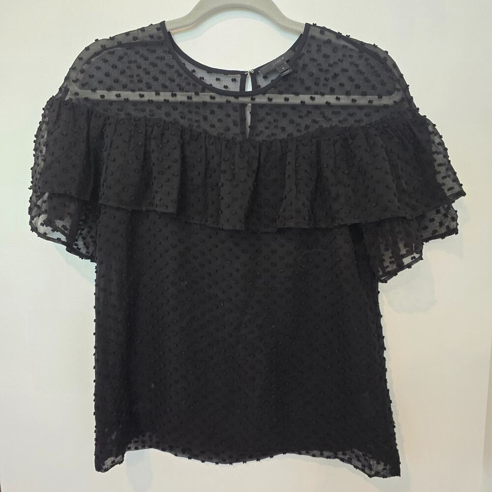 J.Crew Women’s Black Swiss Dot Blouse Silk Blend Short Sleeve Ruffle Size 2 XS - Picture 2 of 11